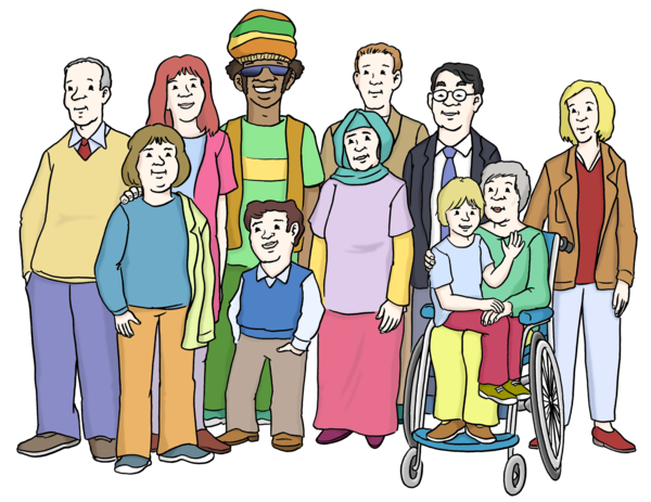 Eine Gruppe von Menschen mit verschiedenen Hautfarben, verschiedener Kleidung und mit und ohne Behinderungen