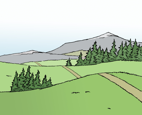 Eine Landsschaft mit Wiesen und Hügeln und Wäldern und Bergen.
So ähnlich kann es in Oberbayern aussehen.